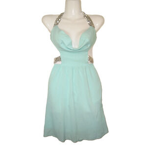OH MY JULIAN Light Blue Sleeveless Halter Sequin Waist Dress Size M W006